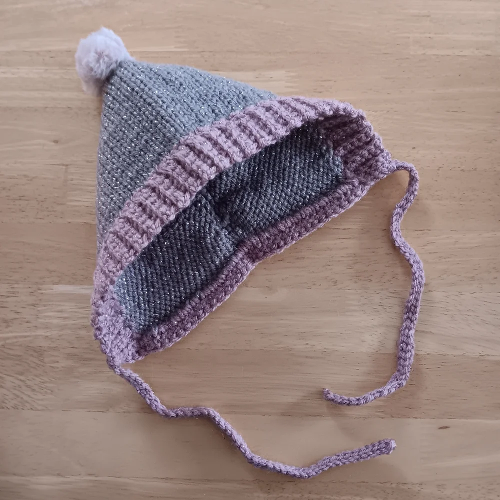 Handknit Taupe Brown & Dusty Pink 1960s Retro Style Pompom Pixie Baby Hat 6-12M